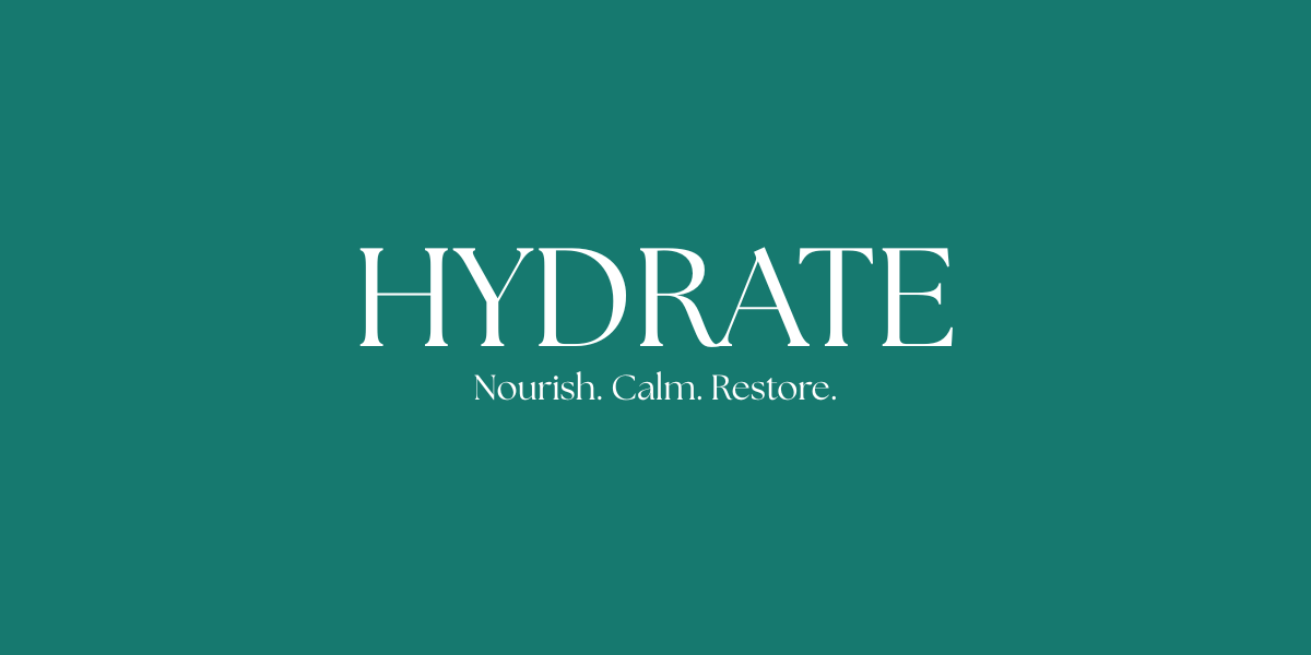 A green background with the word Hydrate followed by the words Nourish, Calm & Restore
