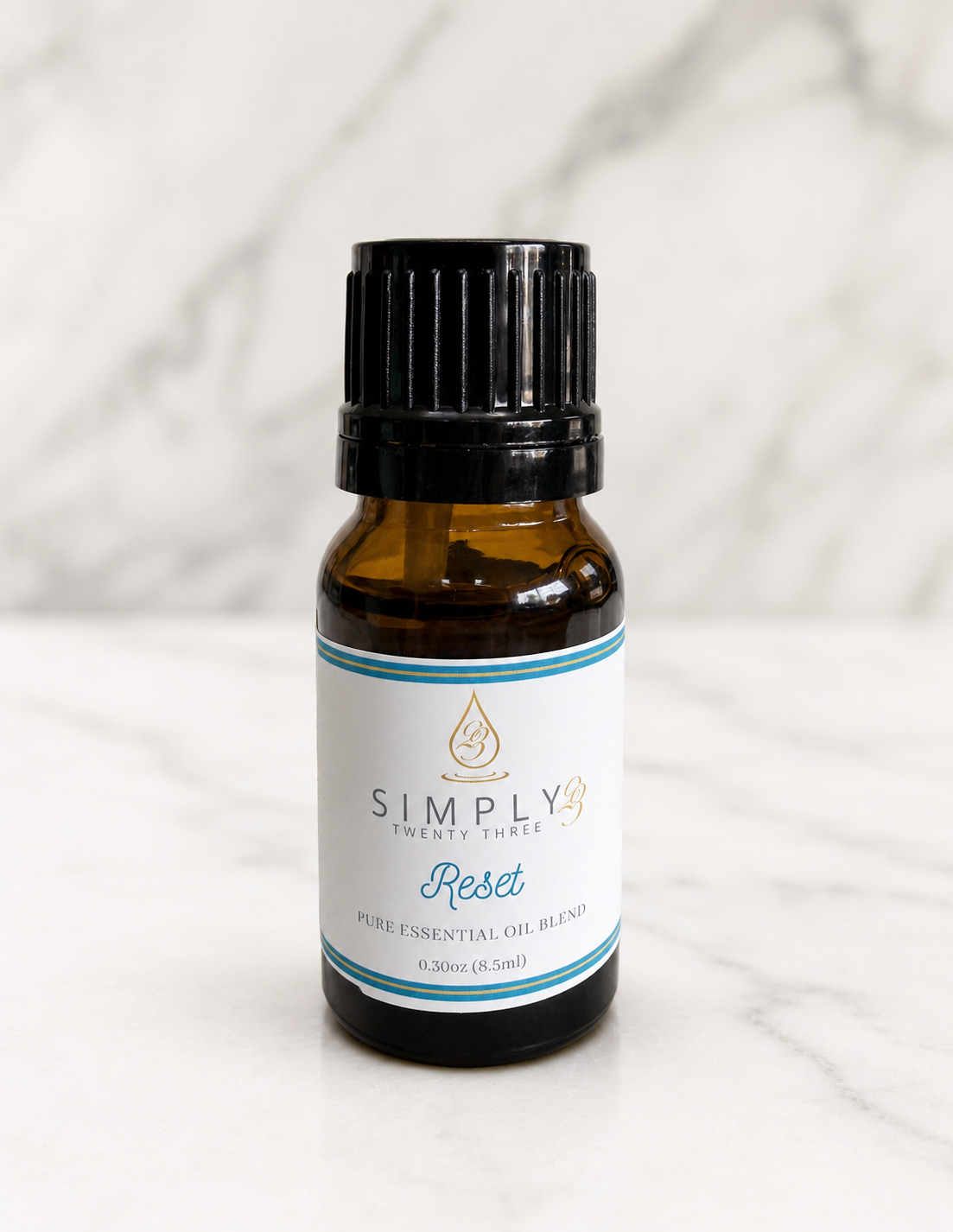 Simply 23 Reset pure essential oil blend in an amber glass bottle, 0.30 oz.