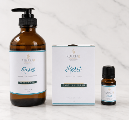 Simply 23 Reset collection with natural artisan bar soap, liquid hand soap, and pure essential oil blend.
