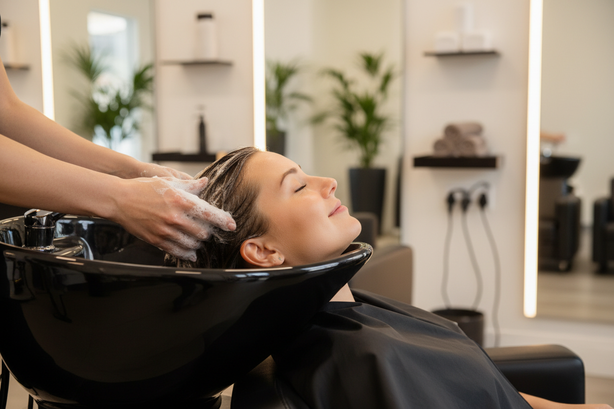 client getting shampoo massage at a salon sink