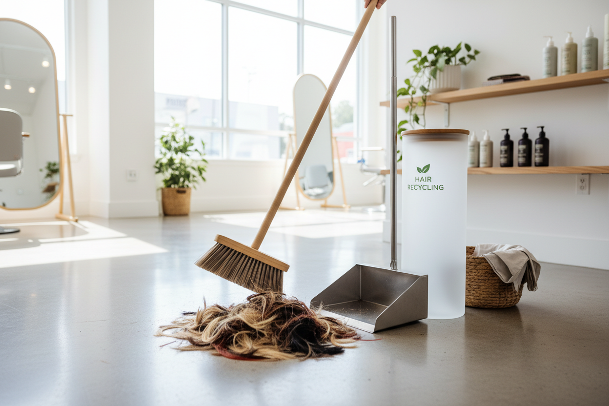 HAIR CLIPPINGS BEING SWEPT TO RECYCLE