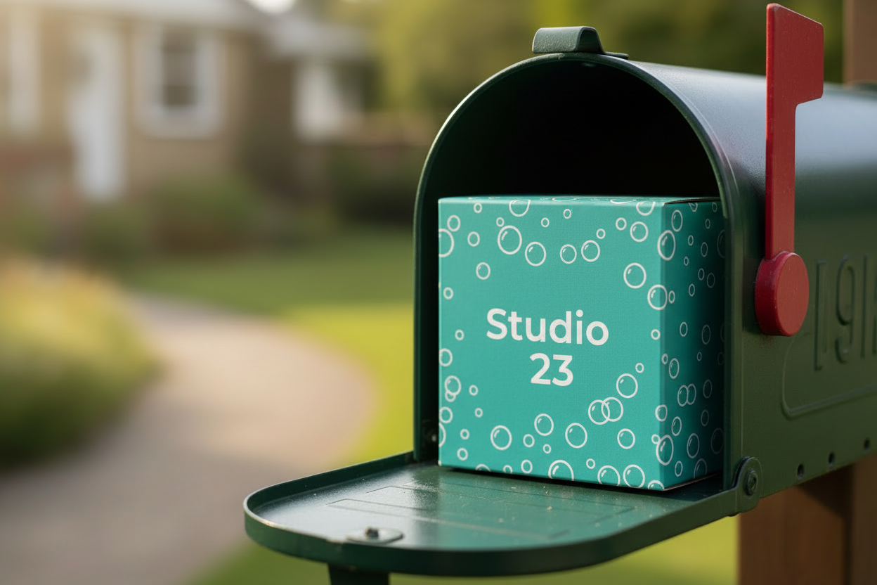 make the box teal with white bubbles and remove the soap nest logo and add the words Studio 23