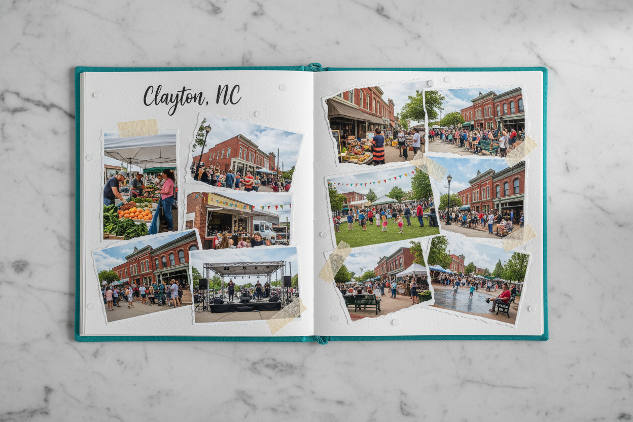 on a white marble background and countertop place a scrapbook with teal binding and cover open with white scrapbook pages. at the top of one page write in handwriting, Clayton, NC arrange pictures on the scrapbook pages of community events ina dwtown setting.