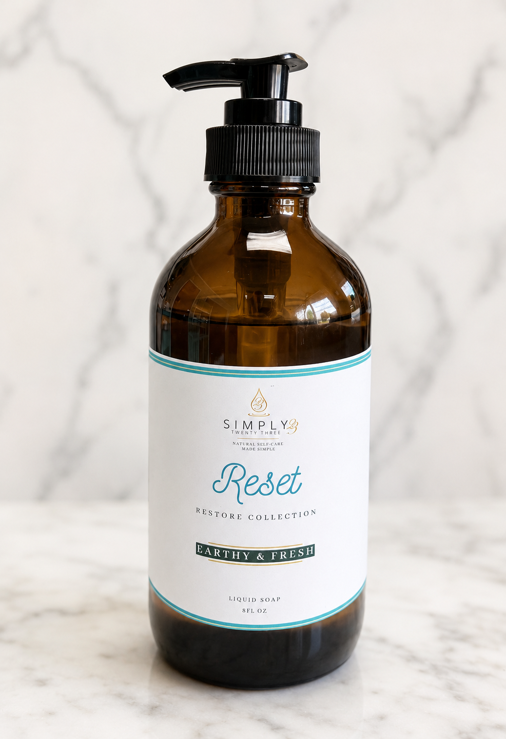 Reset liquid hand soap in an 8 oz amber pump bottle