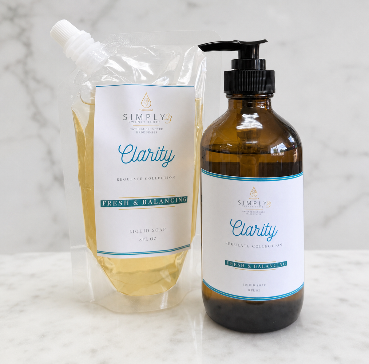Simply 23 Clarity amber liquid soap bottle with its matching refill pouch.