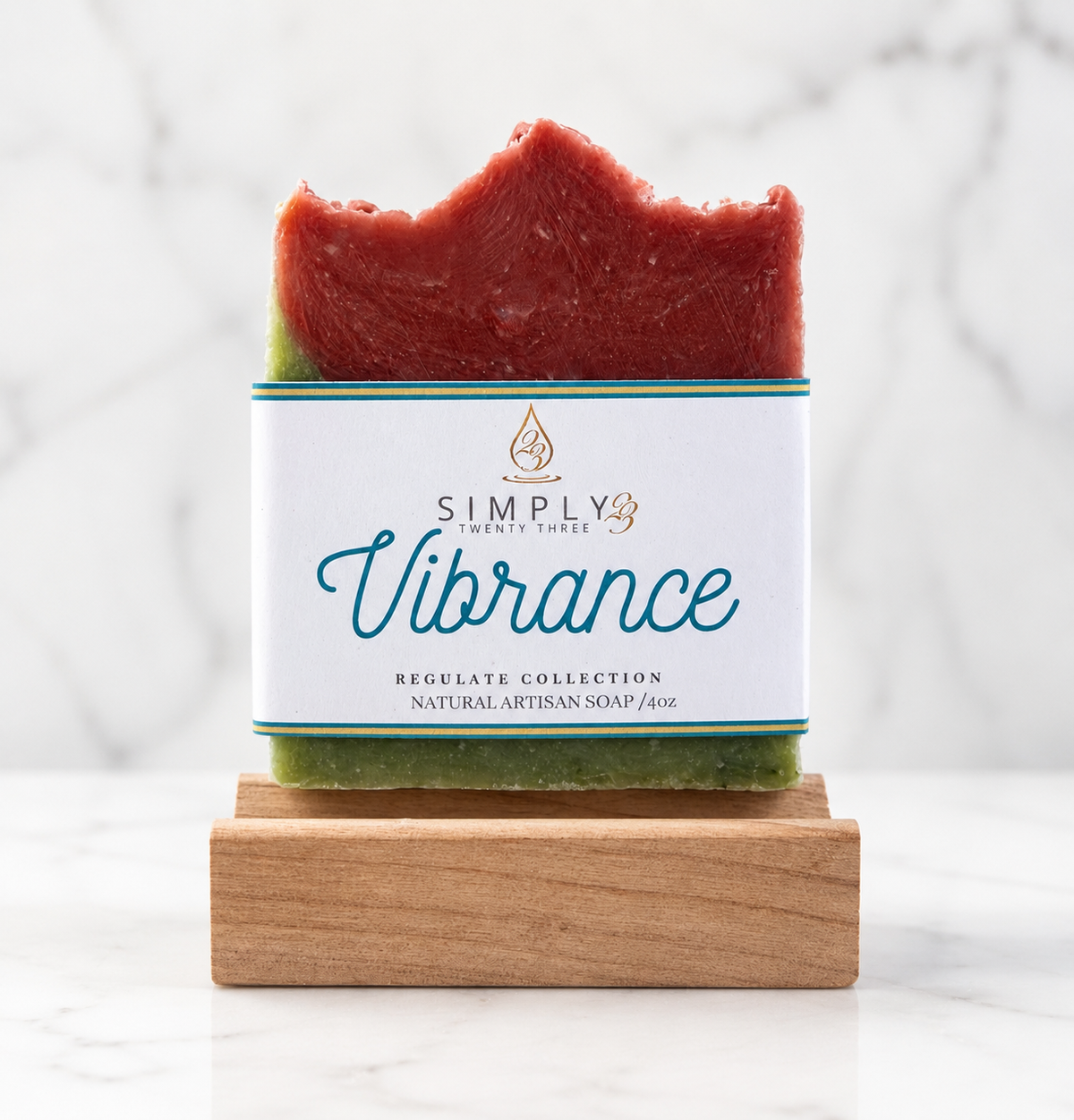 Simply 23 Vibrance natural artisan bar soap with its branded paper band.