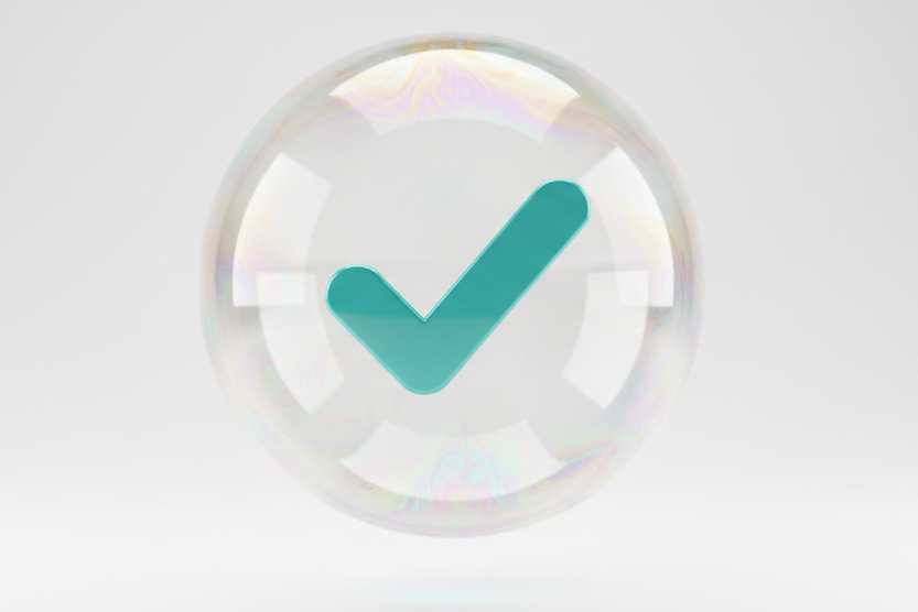 teal checkmark in a soap bubblw