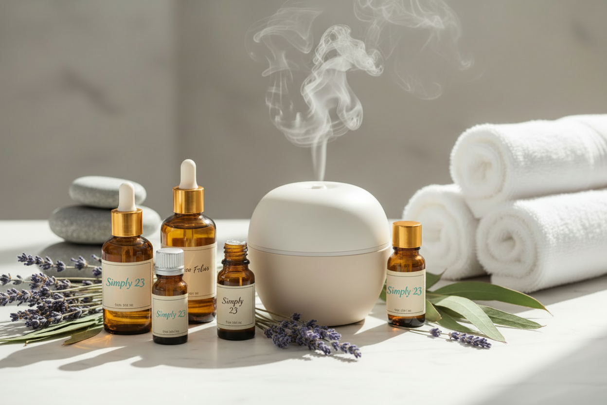 Aromatherapy setup with essential oil bottles with the label Simply 23, diffuser, and lavender on a light surface.